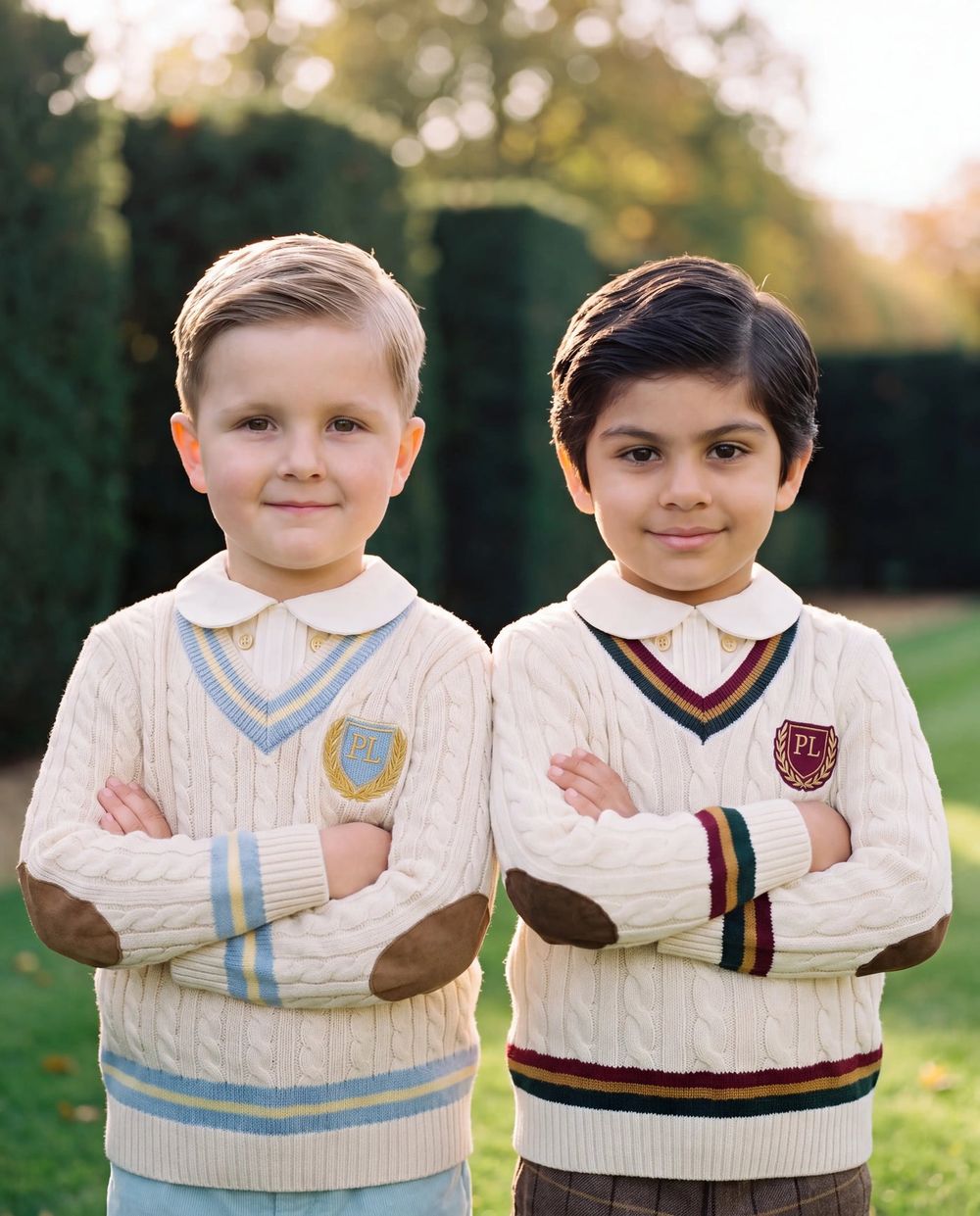 Two boys in the Laurent Cricket Sweater, one in the original colours and one in Ivory and Burgundy