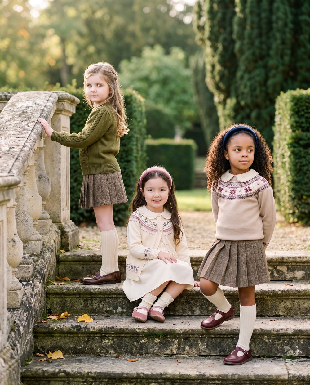 Three girls posing on chateau garden steps in the Adèle Buckle Sweater, the Odette Rosebud Cardigan and the Sébastien Fair Isle Sweater
