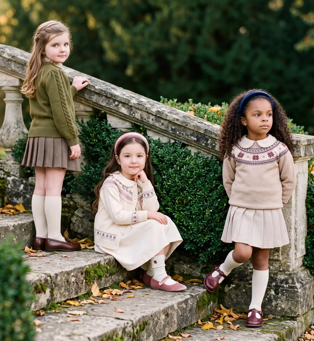 Three girls on chateau garden steps in the Adèle Buckle Sweater, the Odette Rosebud Cardigan and the Sébastien Fair Isle Sweater