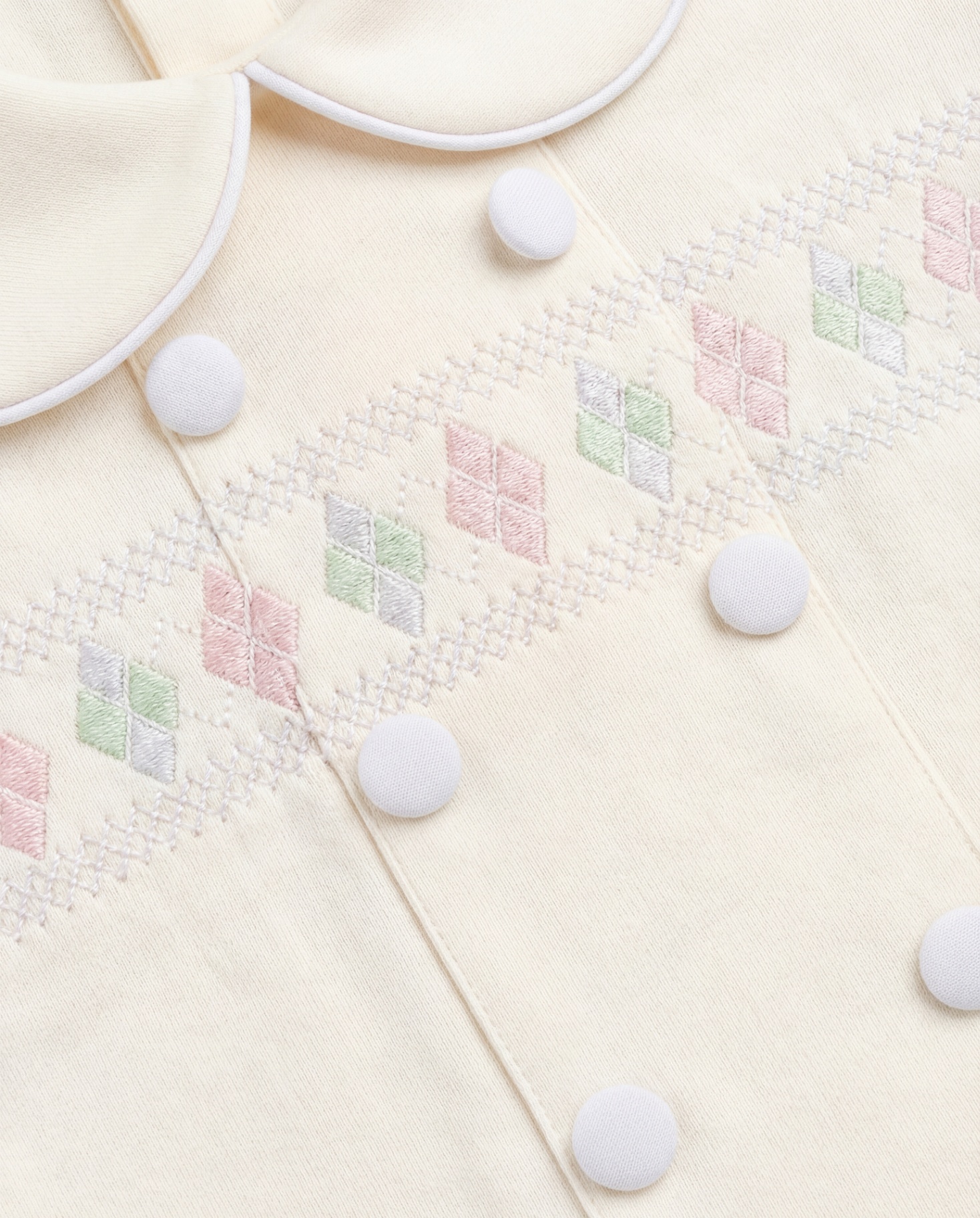 Close-up of smocking and embroidery detail