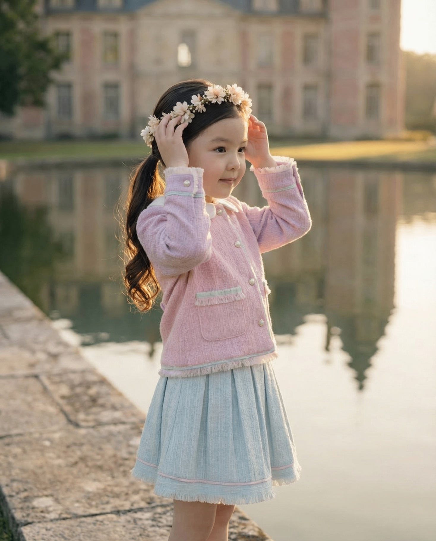 Amy sitting at the edge of a reflection pond
