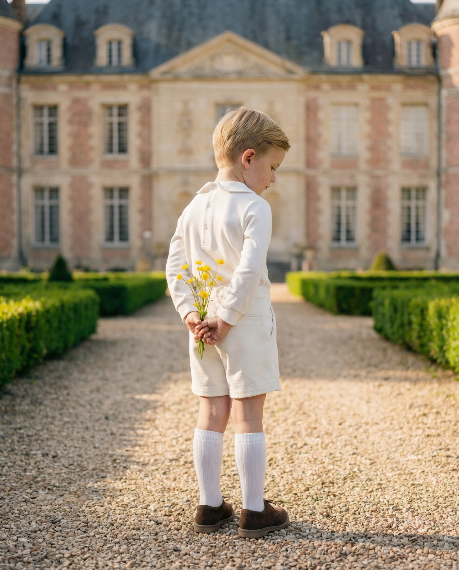 Hugo standing before a château garden with buttercups