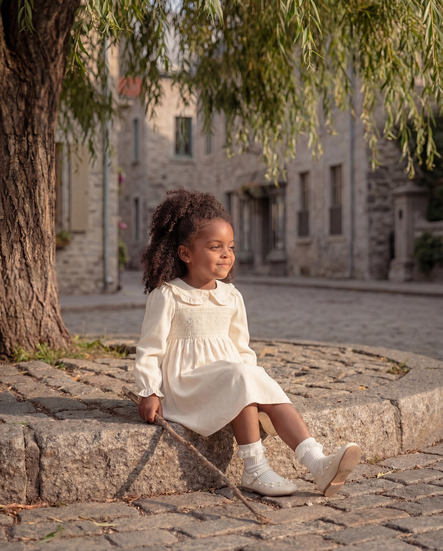 Iris sitting on cobblestones with a twig