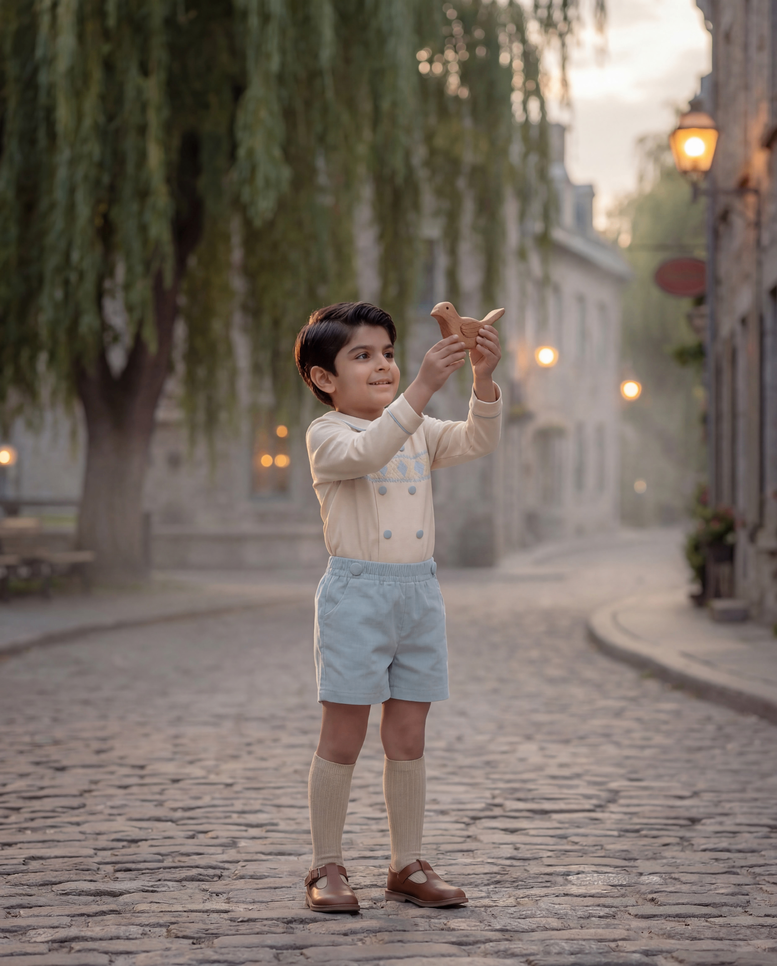 Zavi standing on a misty cobblestone lane at dawn