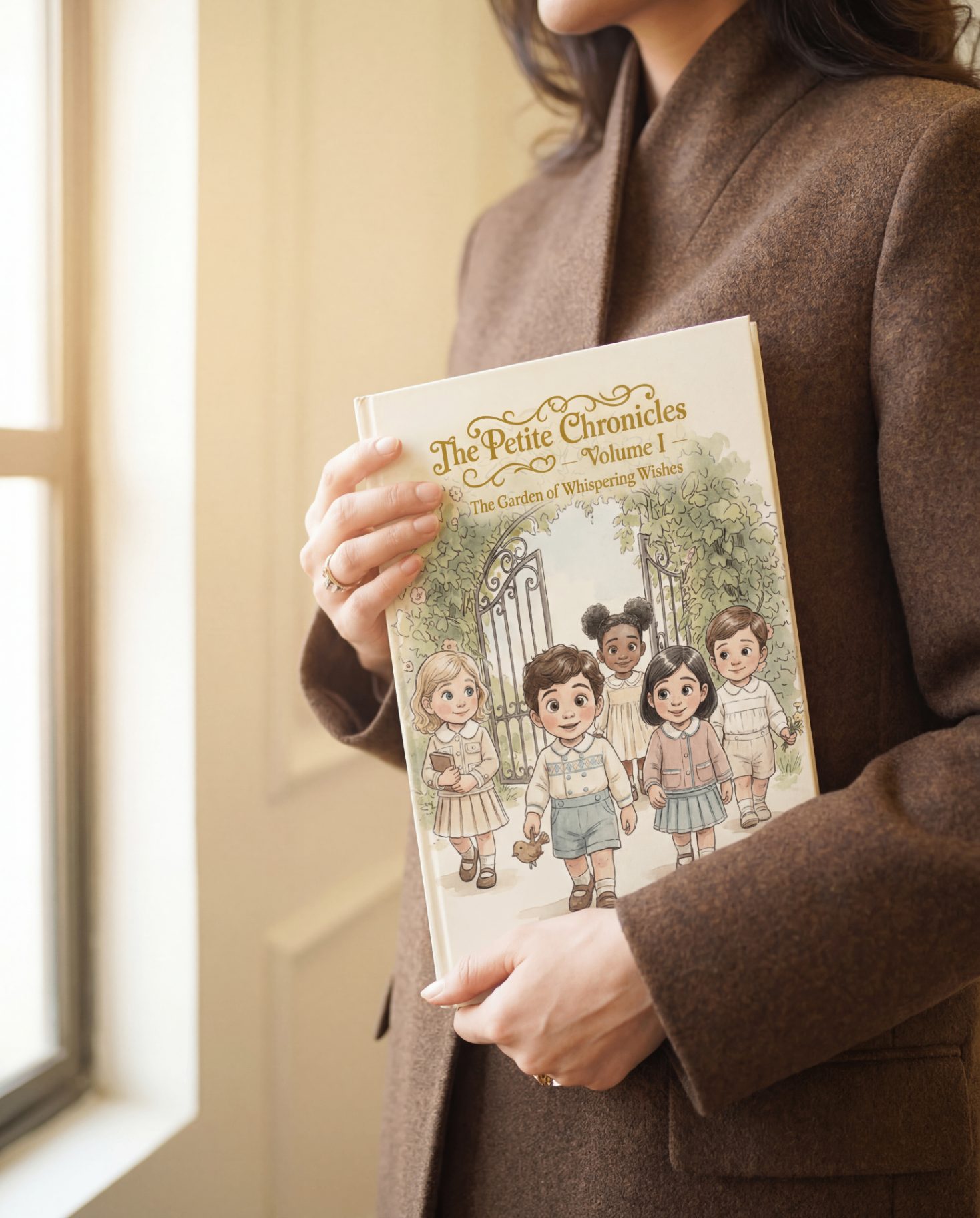 A woman holding Volume I of The Petite Chronicles, The Garden of Whispering Wishes