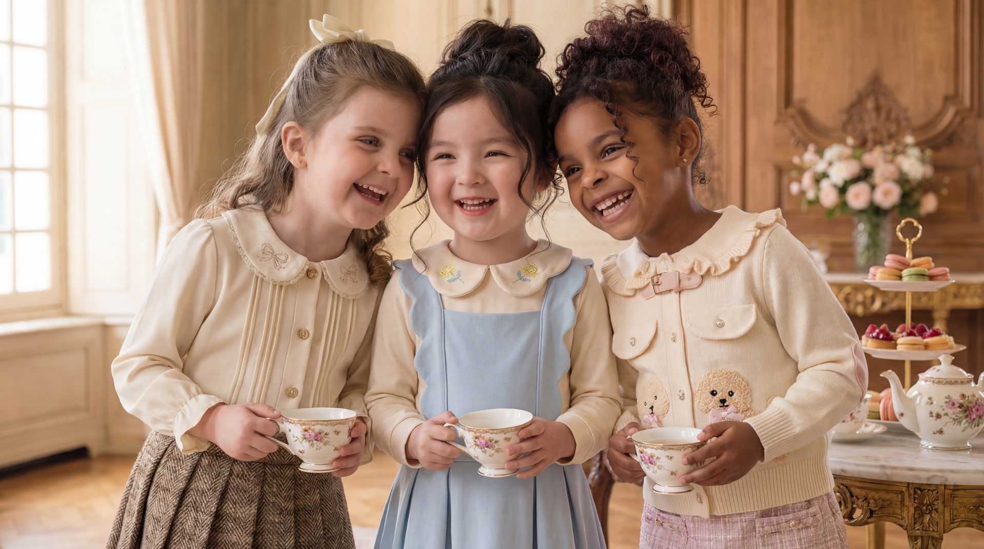 Three girls posing on chateau garden steps in the Adèle Buckle Sweater, the Odette Rosebud Cardigan and the Sébastien Fair Isle Sweater