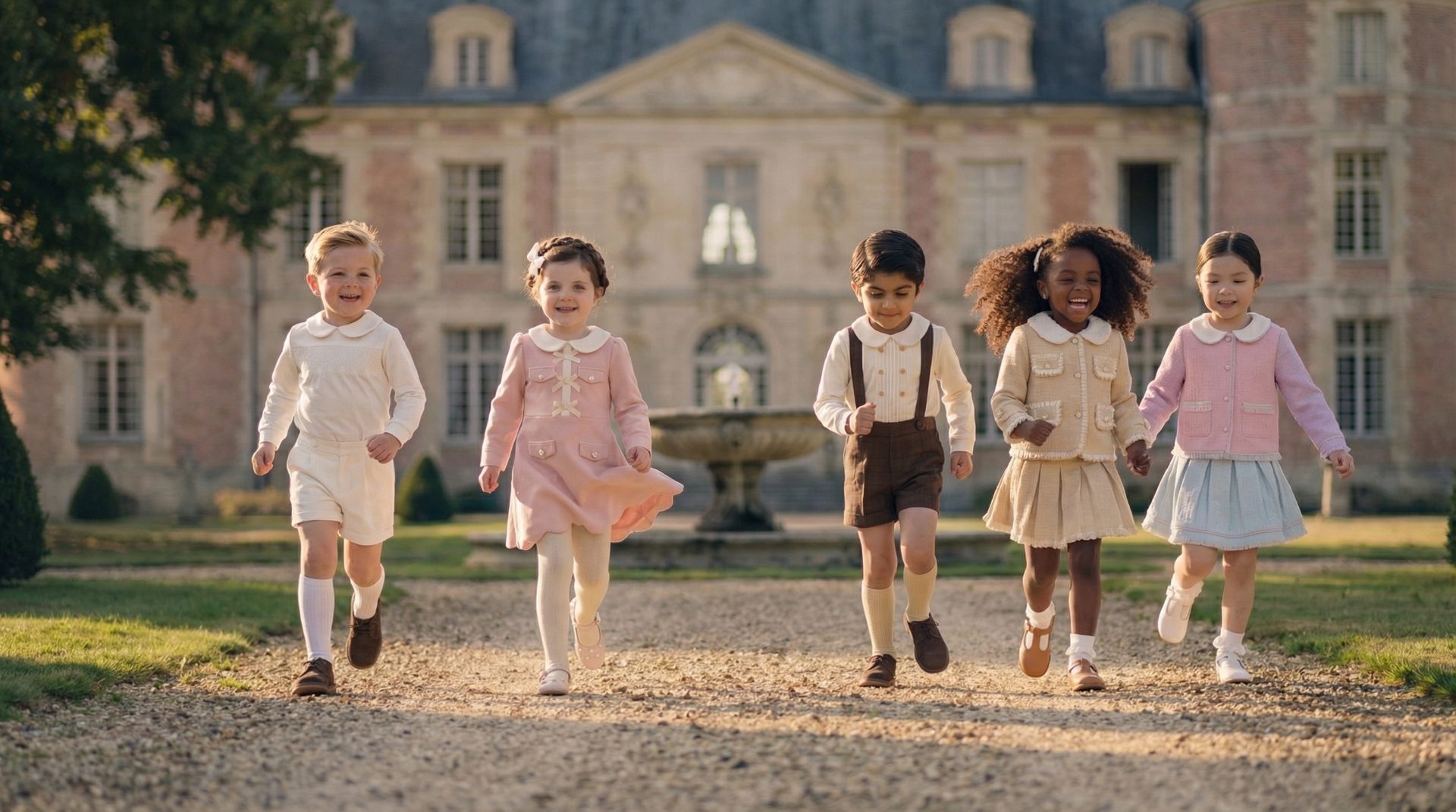 Five children posing on chateau garden steps in the Le Jardin Secret Autumn / Winter 2026 collection